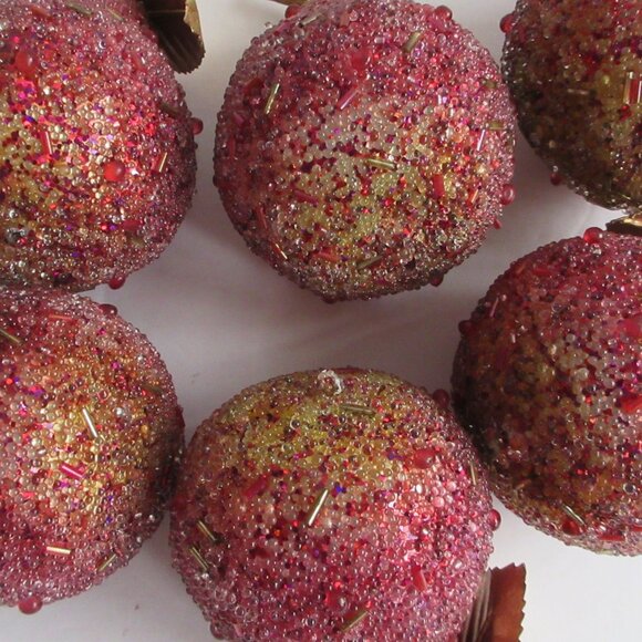 Sugar Beaded Pear Fruit Christmas Ornaments Lot Of 10 Red/Pink/Gold Bugle Beads - Picture 3 of 14